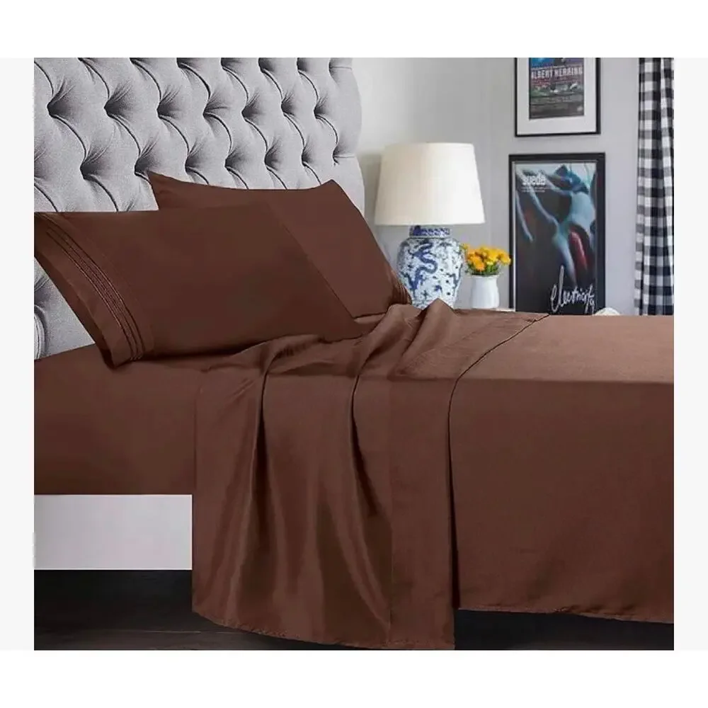 4 Piece King Size Sheet Set Luxury Sateen Chocolate Brown Bedding New